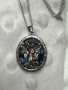 Saint Michael Angel Pendant Necklace with Teal-Blue Inlay